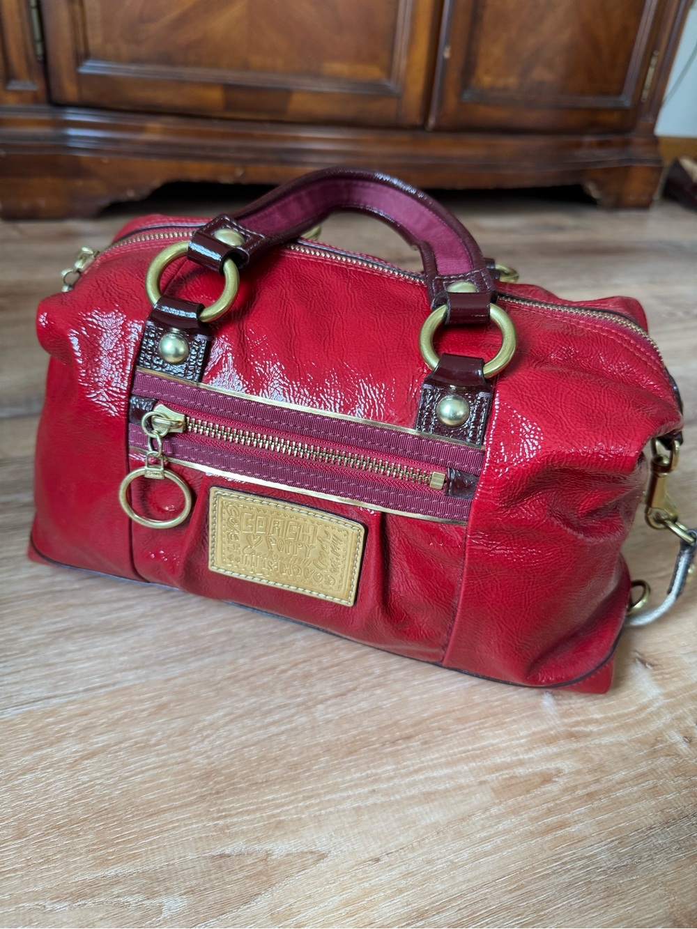 2pc Set: Coach Poppy Ruby Red Luxey Satchel 15868 & Matching OP Art Wristlet